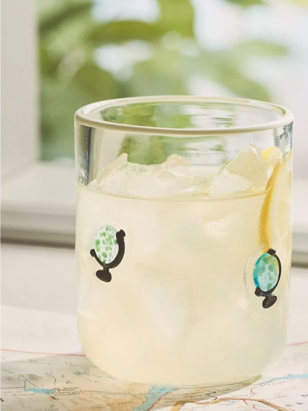 Anthropologie Clear Glass Tumbler with Green and Teal Globe Accents